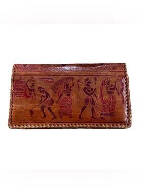 Vintage Indian Shantiniketan Hand Tooled Leather Wallet Clutch Tribal Folk Art